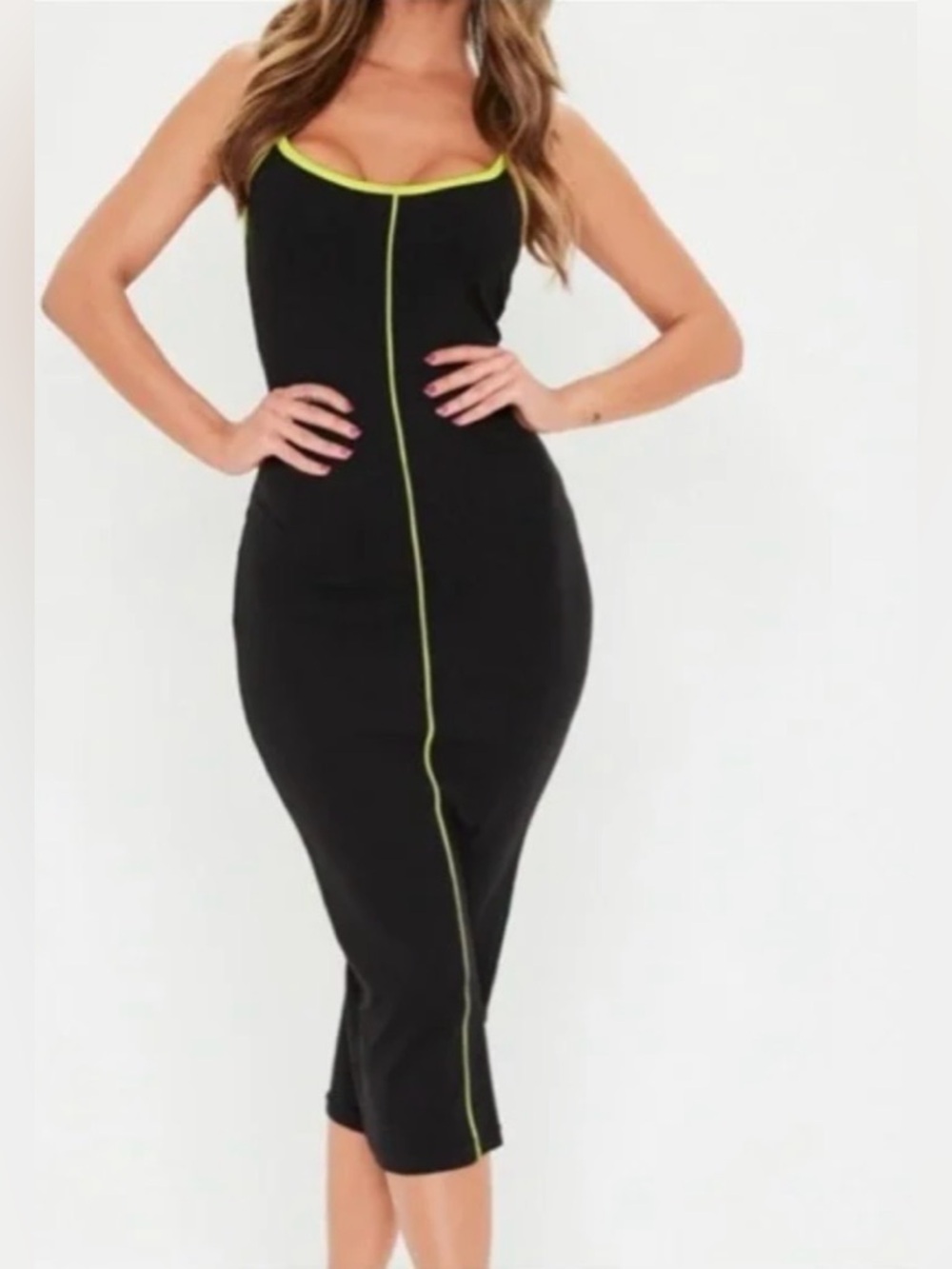 Missguided Black Maxi Dress with Neon Yellow Trim